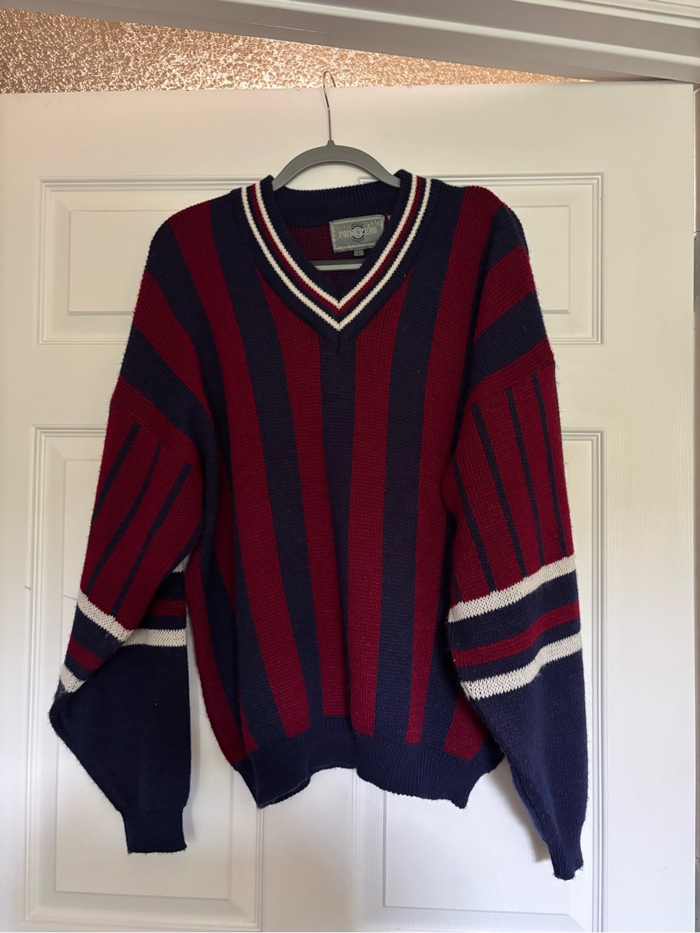 VintagePoint Zero Men's V-Neck Striped Sweater - Navy & Burgundy with White Trim